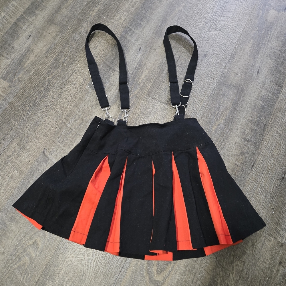 Black and Red Pleated Skirt with Suspenders